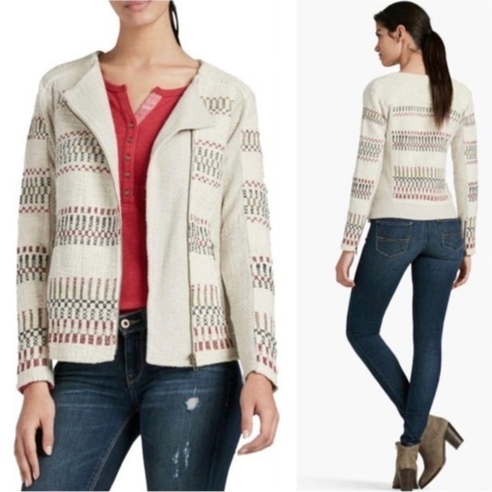 Lucky Brand Cream Knit Zip Jacket with Red and Green Stitching
